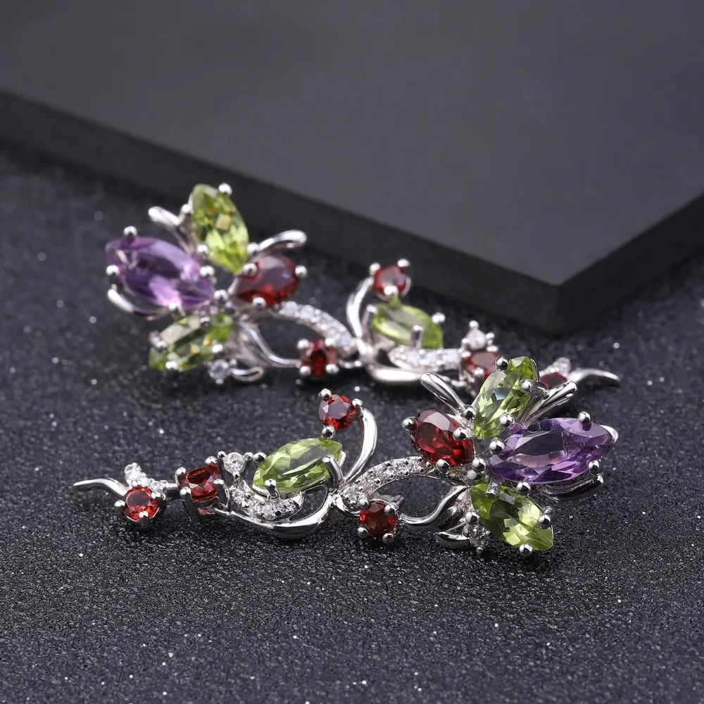 Multi-Gemstone Floral Vine Drop Earrings | Amethyst, Peridot & Garnet | 925 Silver