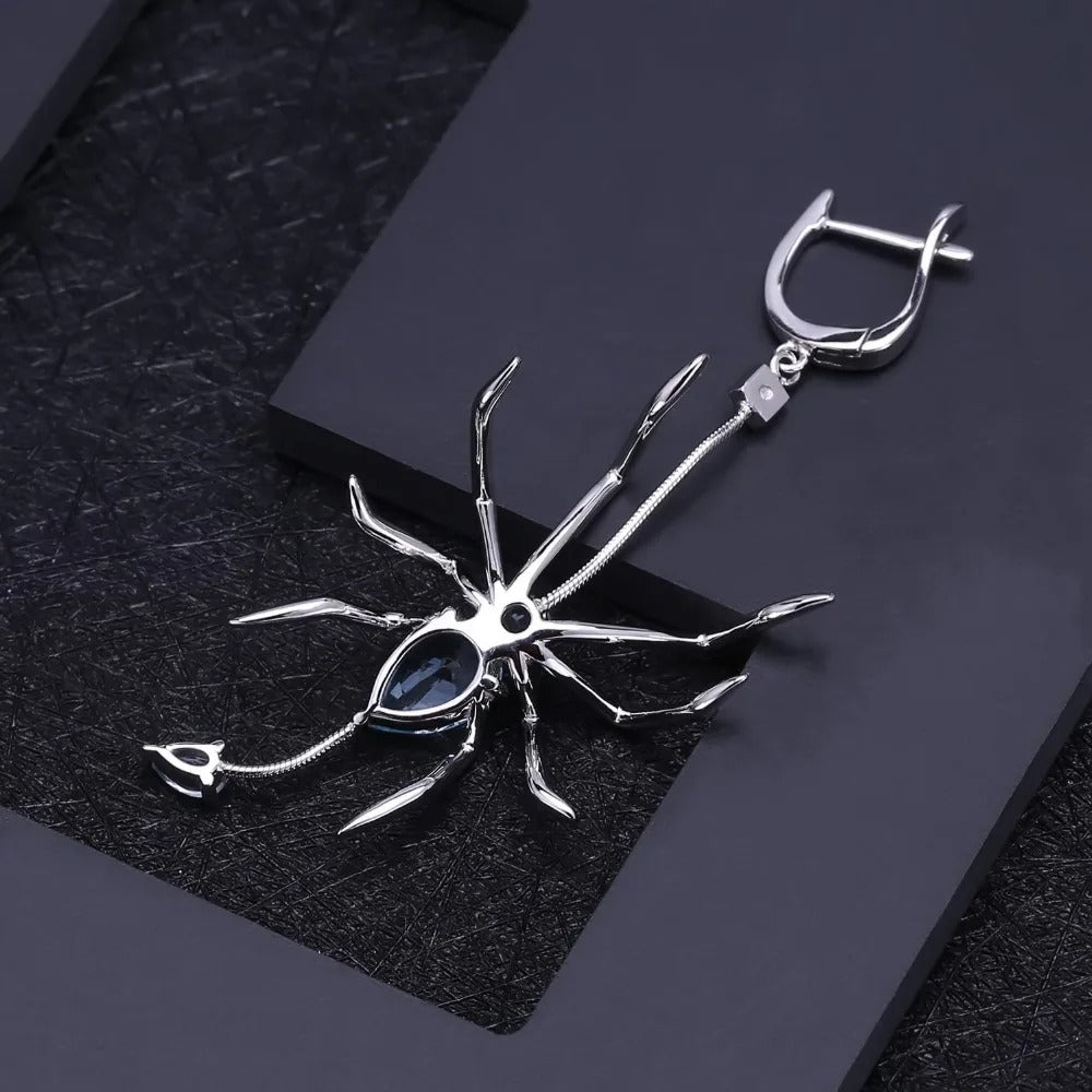 Gothic Spider Drop Earrings | Natural Sky Blue Topaz | 925 Silver