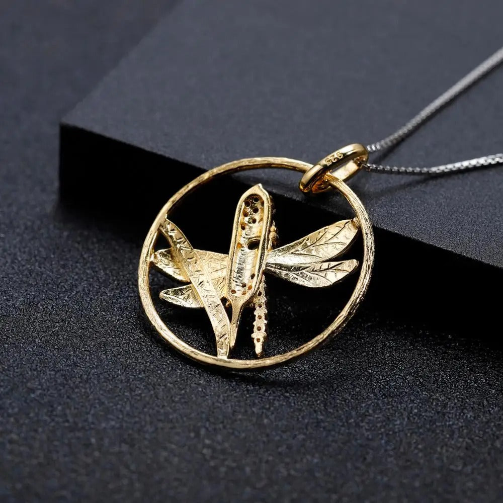 Handmade Blue Sapphire Dragonfly Pendant | Two-Tone 925 Silver
