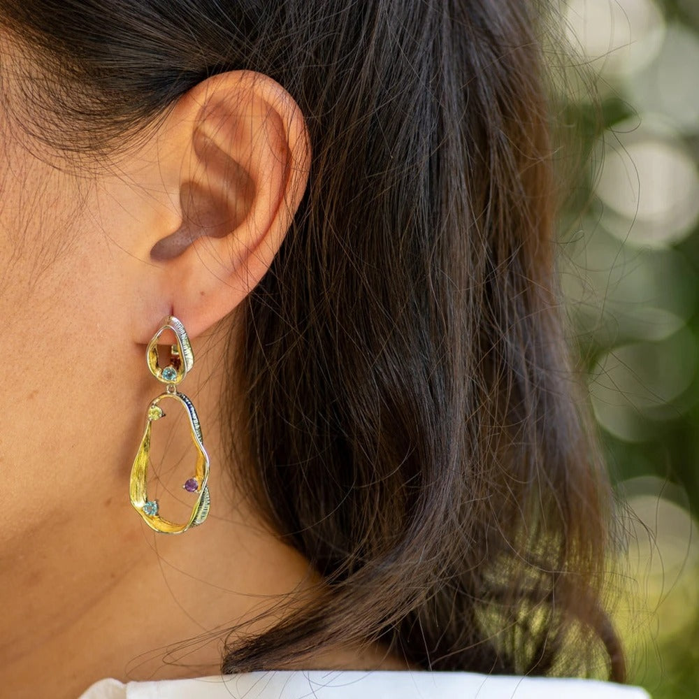 Twisted Abstract Drop Earrings | Amethyst, Peridot & Topaz | Two-Tone Silver