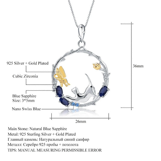 Handmade Cat & Butterfly Garden Pendant | Blue Sapphire | 925 Silver