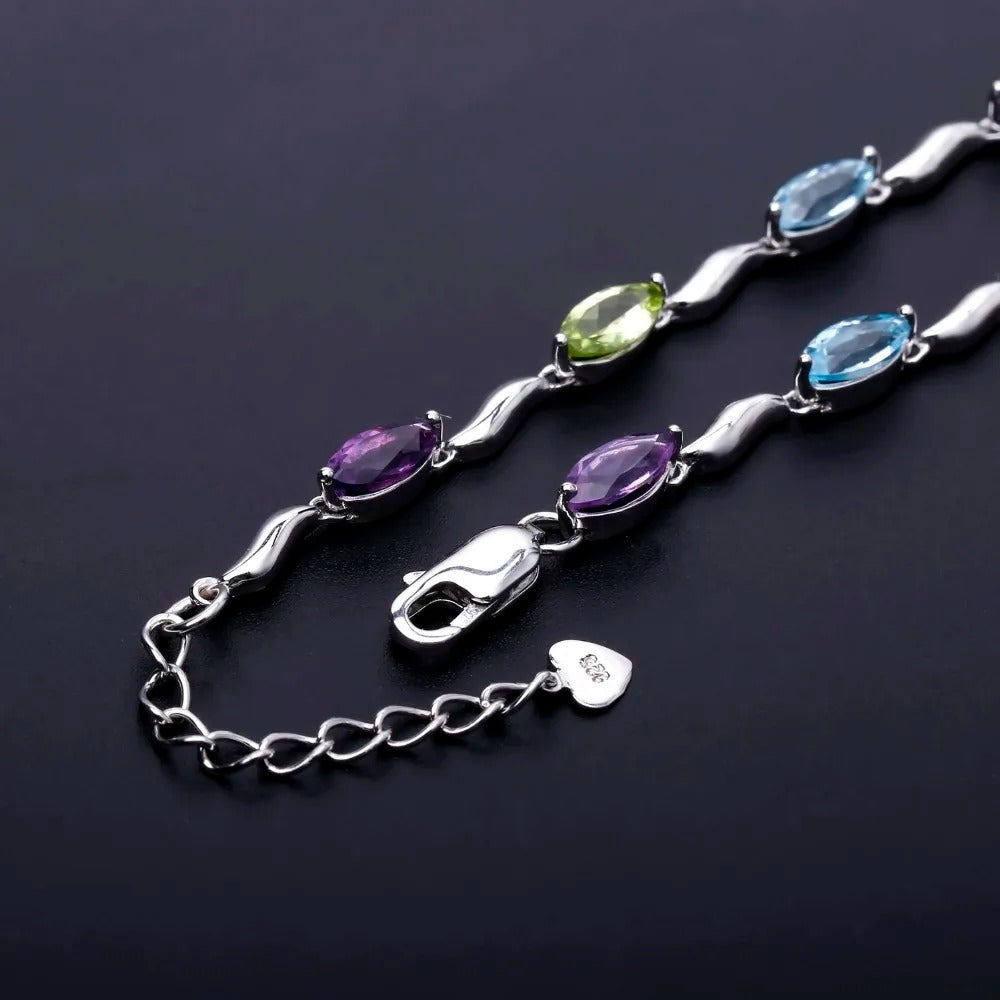 Multi-Gemstone Marquise Link Bracelet | Amethyst, Peridot & Topaz | 925 Silver