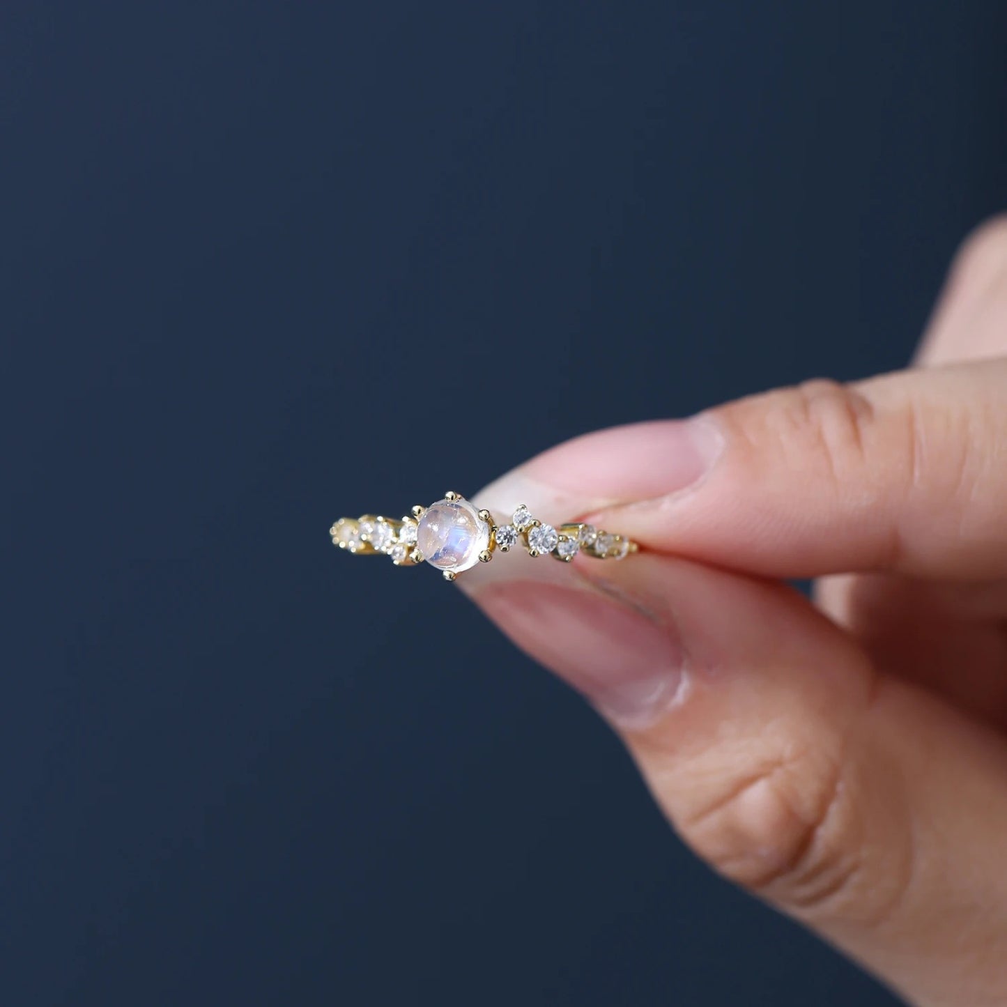 Natural Rainbow Moonstone Gold Ring | June Birthstone Promise Ring | 925 Silver