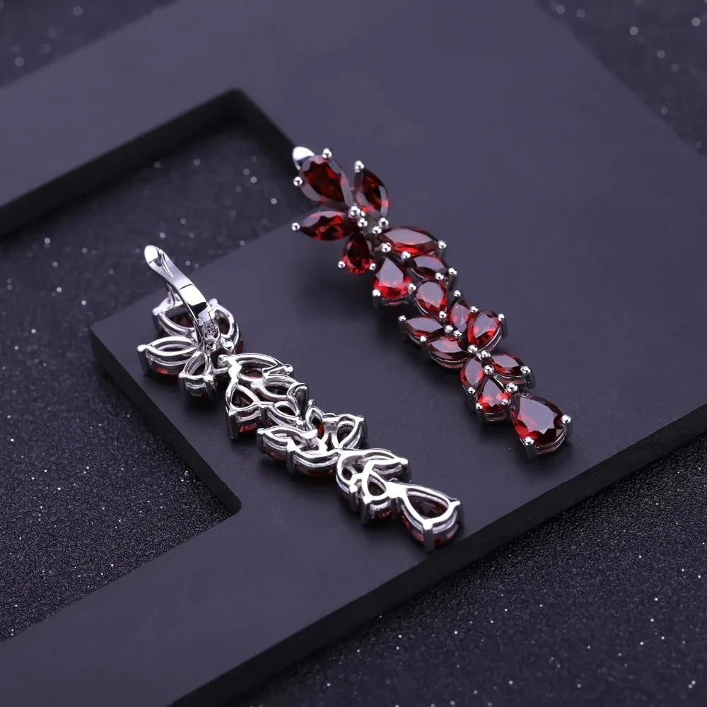 20.35Ct Natural Red Garnet Cascading Leaf Earrings | 925 Sterling Silver