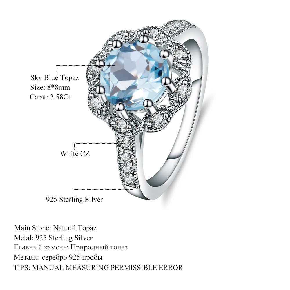 Natural Sky Blue Topaz Flower Ring | 2.58Ct | 925 Sterling Silver