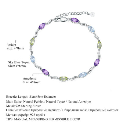 Multi-Gemstone Marquise Link Bracelet | Amethyst, Peridot & Topaz | 925 Silver