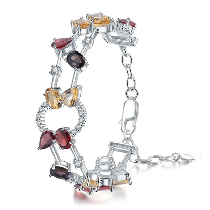 Multicolor Natural Gemstone Link Bracelet | Garnet, Citrine, Smoky Quartz | 925 Silver