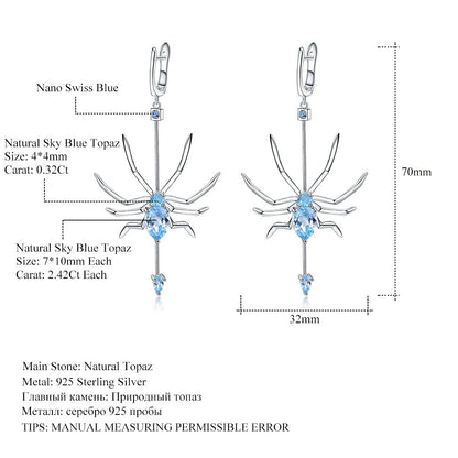 Gothic Spider Drop Earrings | Natural Sky Blue Topaz | 925 Silver