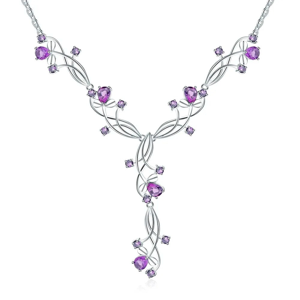 6.39Ct Natural Amethyst Y-Necklace | 925 Silver Floral Vine | Bridal