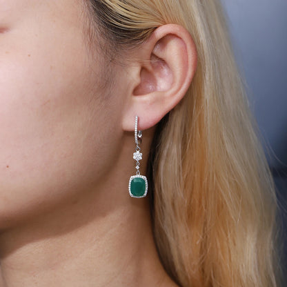 Natural Green Agate Drop Earrings | 7.34Ct Cushion Cut | 925 Silver