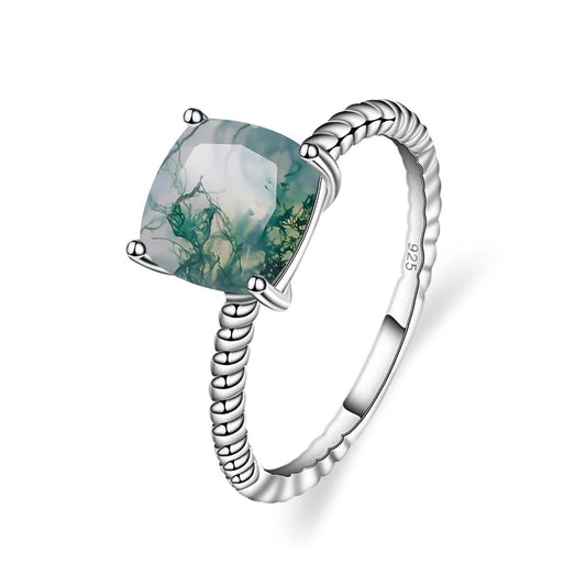 2.25Ct Cushion Moss Agate Solitaire Ring | Twisted Rope Band | 925 Silver