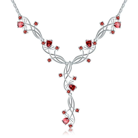 8.08Ct Natural Red Garnet Floral Vine Necklace | 925 Sterling Silver