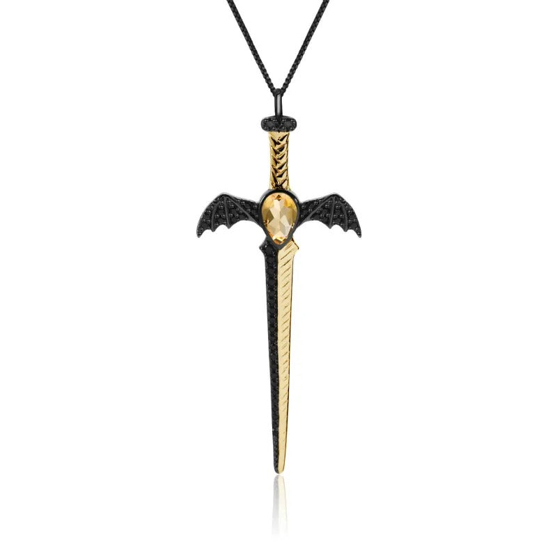 Gothic Bat Wing Sword Pendant with Natural Garnet | 925 Silver | Luxury Gold Palace