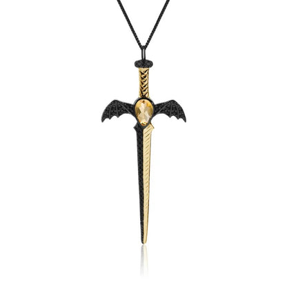 Gothic Bat Wing Sword Pendant with Natural Garnet | 925 Silver | Luxury Gold Palace