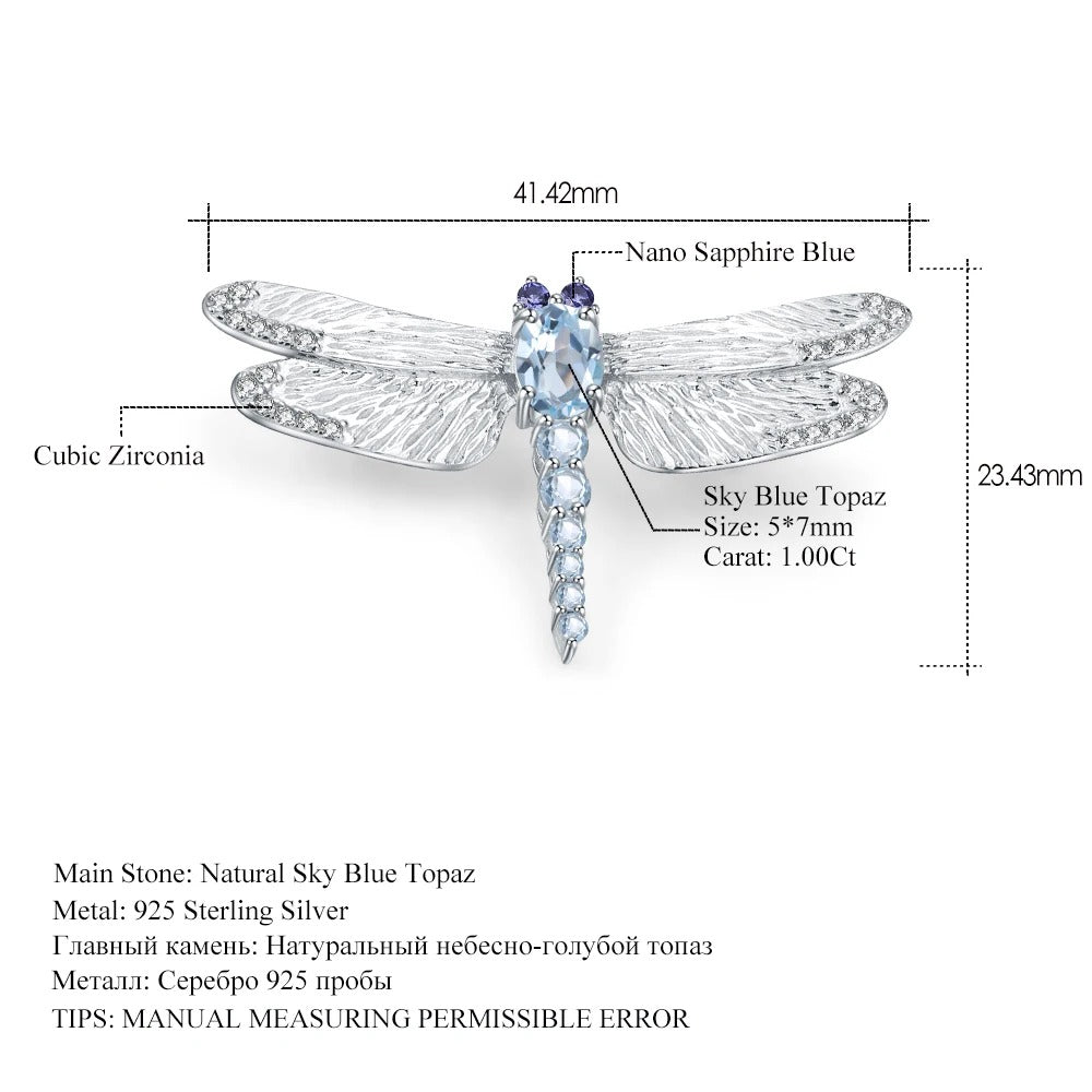 Natural Sky Blue Topaz Dragonfly Brooch | Textured 925 Silver