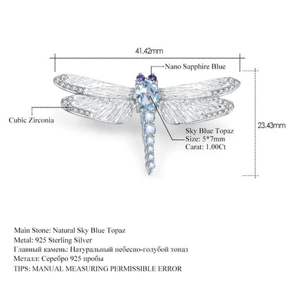 Natural Sky Blue Topaz Dragonfly Brooch | Textured 925 Silver