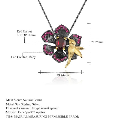 Garnet Bird & Flower Convertible Brooch Pendant | 925 Sterling Silver