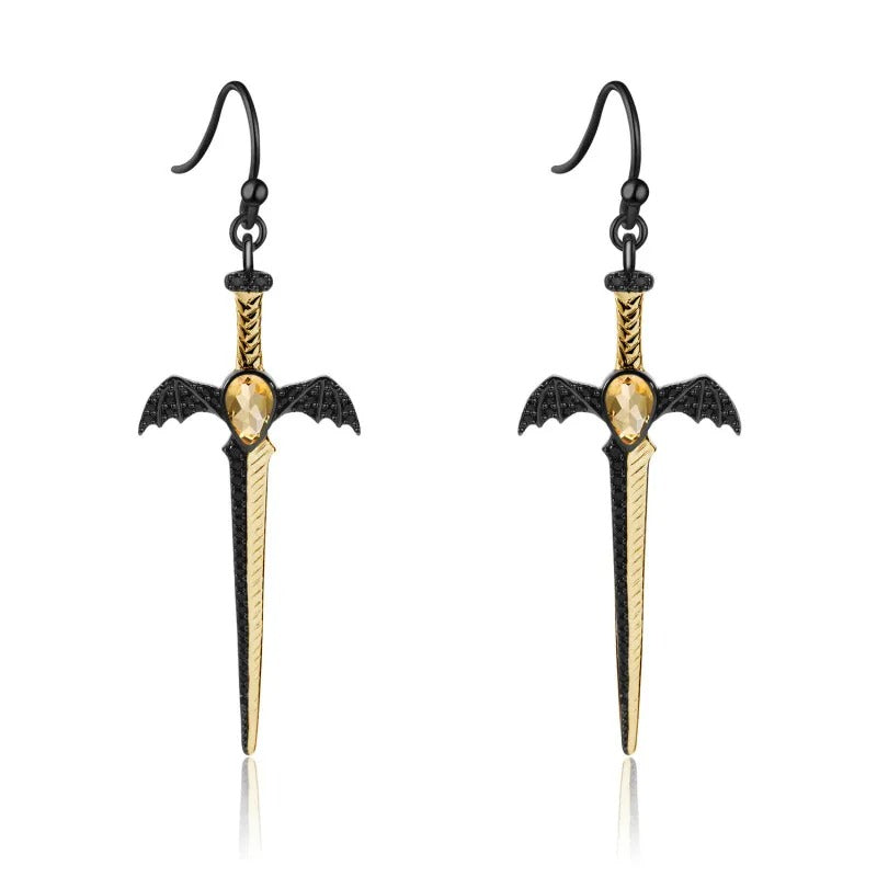 Gothic Bat Wing Sword Drop Earrings | Natural Garnet | Luxury Gold Palace