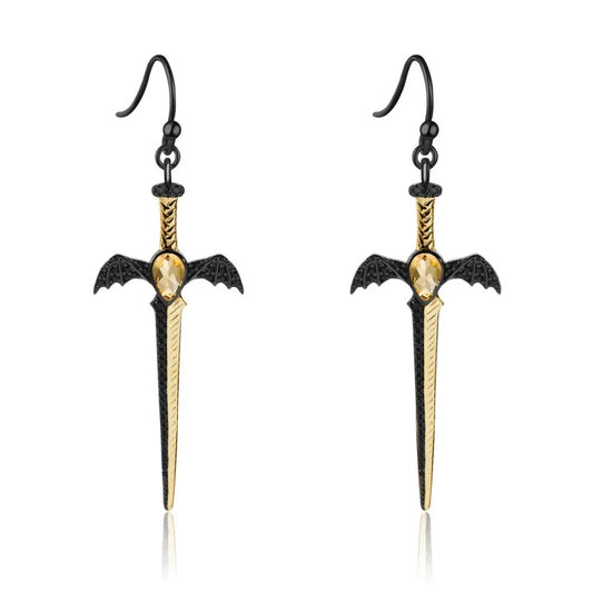 Gothic Bat Wing Sword Drop Earrings | Natural Garnet | Luxury Gold Palace