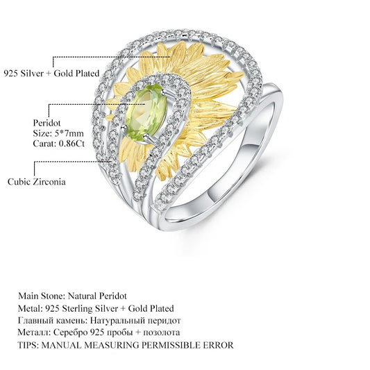 Natural Peridot Sunflower Ring | Handmade Two-Tone 925 Silver