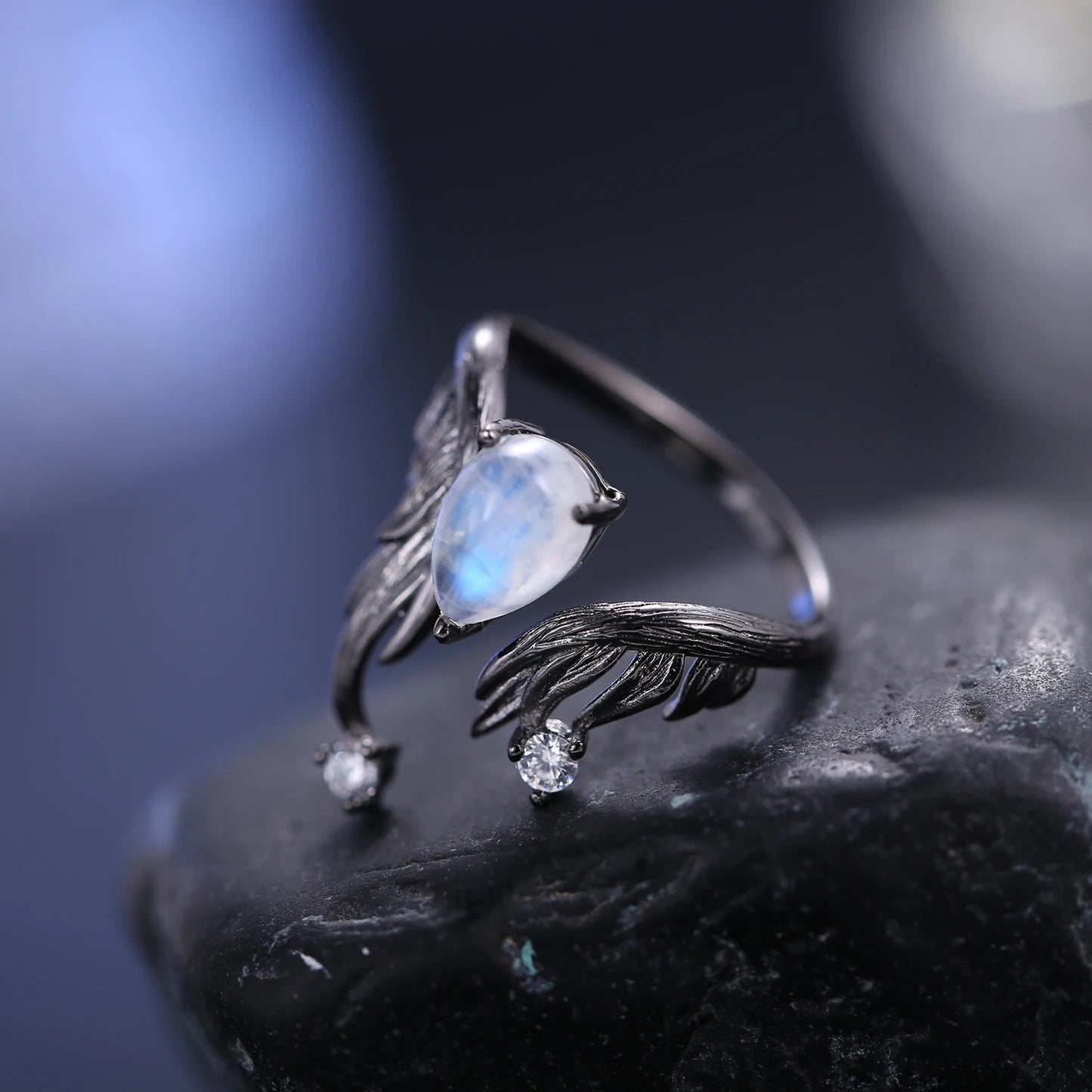 Guardian Angel Moonstone Ring | Adjustable Wings | Black 925 Silver