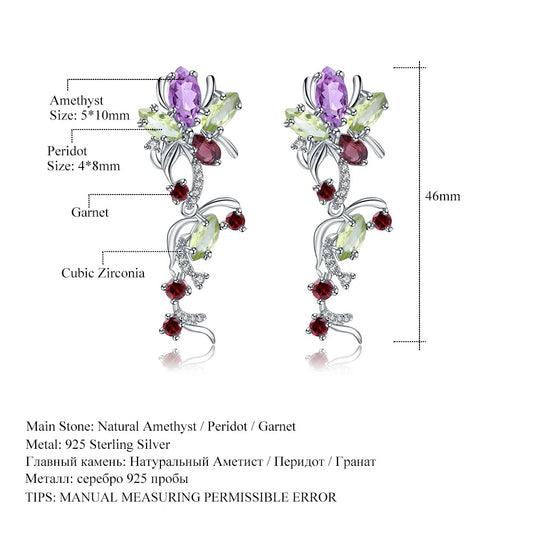 Multi-Gemstone Floral Vine Drop Earrings | Amethyst, Peridot & Garnet | 925 Silver
