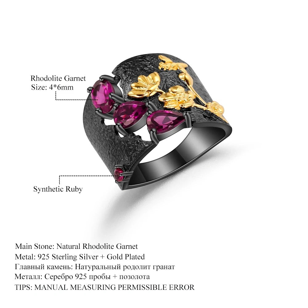 Secret Garden Rhodolite Garnet Ring | Handmade Bee & Flower Band | 925 Silver