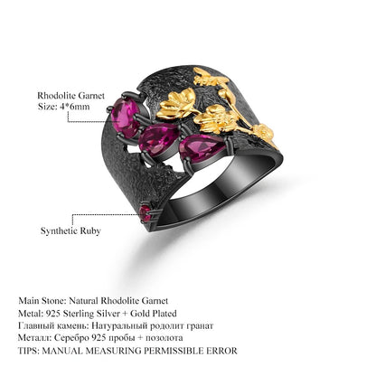 Secret Garden Rhodolite Garnet Ring | Handmade Bee & Flower Band | 925 Silver