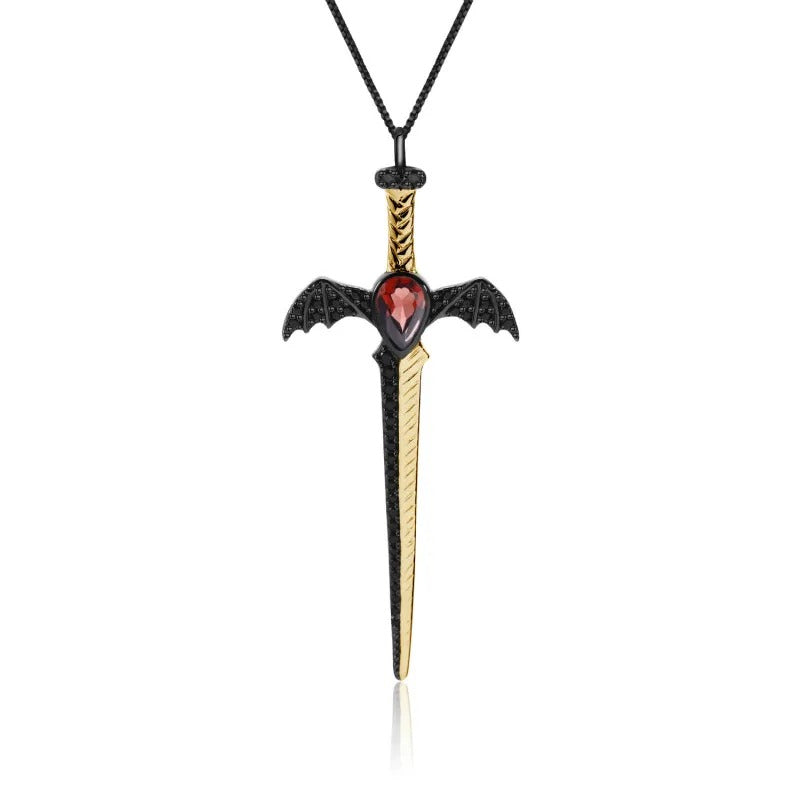Gothic Bat Wing Sword Pendant with Natural Garnet | 925 Silver | Luxury Gold Palace