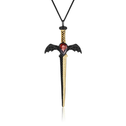 Gothic Bat Wing Sword Pendant with Natural Garnet | 925 Silver | Luxury Gold Palace