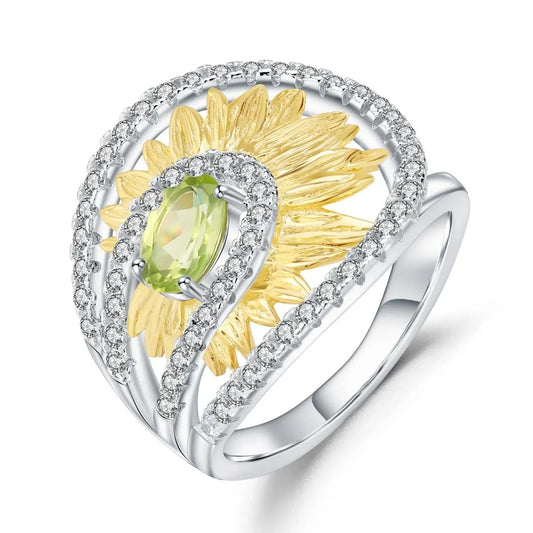 Natural Peridot Sunflower Ring | Handmade Two-Tone 925 Silver