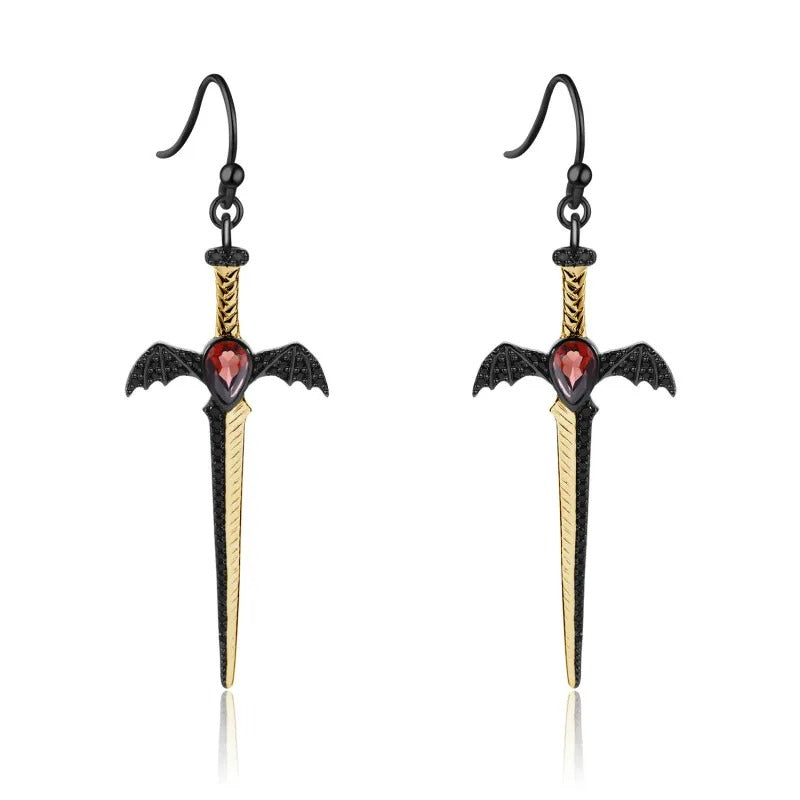 Gothic Bat Wing Sword Drop Earrings | Natural Garnet | Luxury Gold Palace
