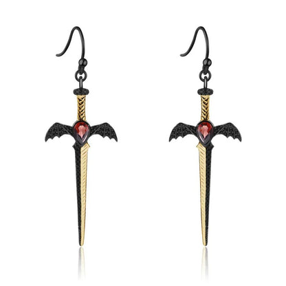 Gothic Bat Wing Sword Drop Earrings | Natural Garnet | Luxury Gold Palace