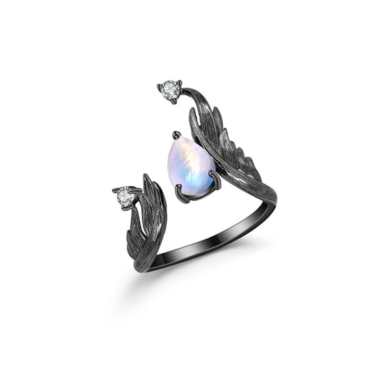 Guardian Angel Moonstone Ring | Adjustable Wings | Black 925 Silver