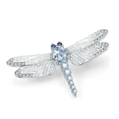 Natural Sky Blue Topaz Dragonfly Brooch | Textured 925 Silver