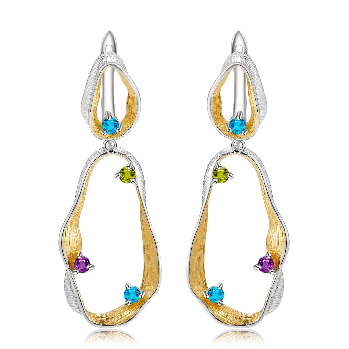 Twisted Abstract Drop Earrings | Amethyst, Peridot & Topaz | Two-Tone Silver