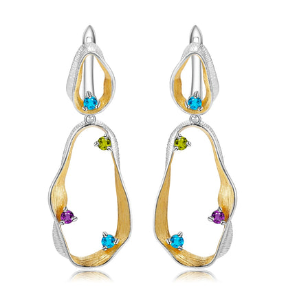 Twisted Abstract Drop Earrings | Amethyst, Peridot & Topaz | Two-Tone Silver