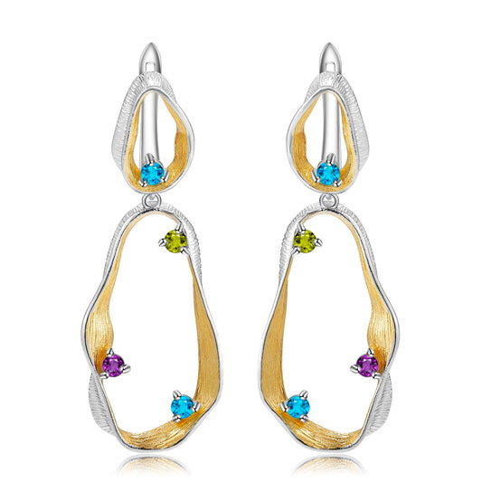 Twisted Abstract Drop Earrings | Amethyst, Peridot & Topaz | Two-Tone Silver
