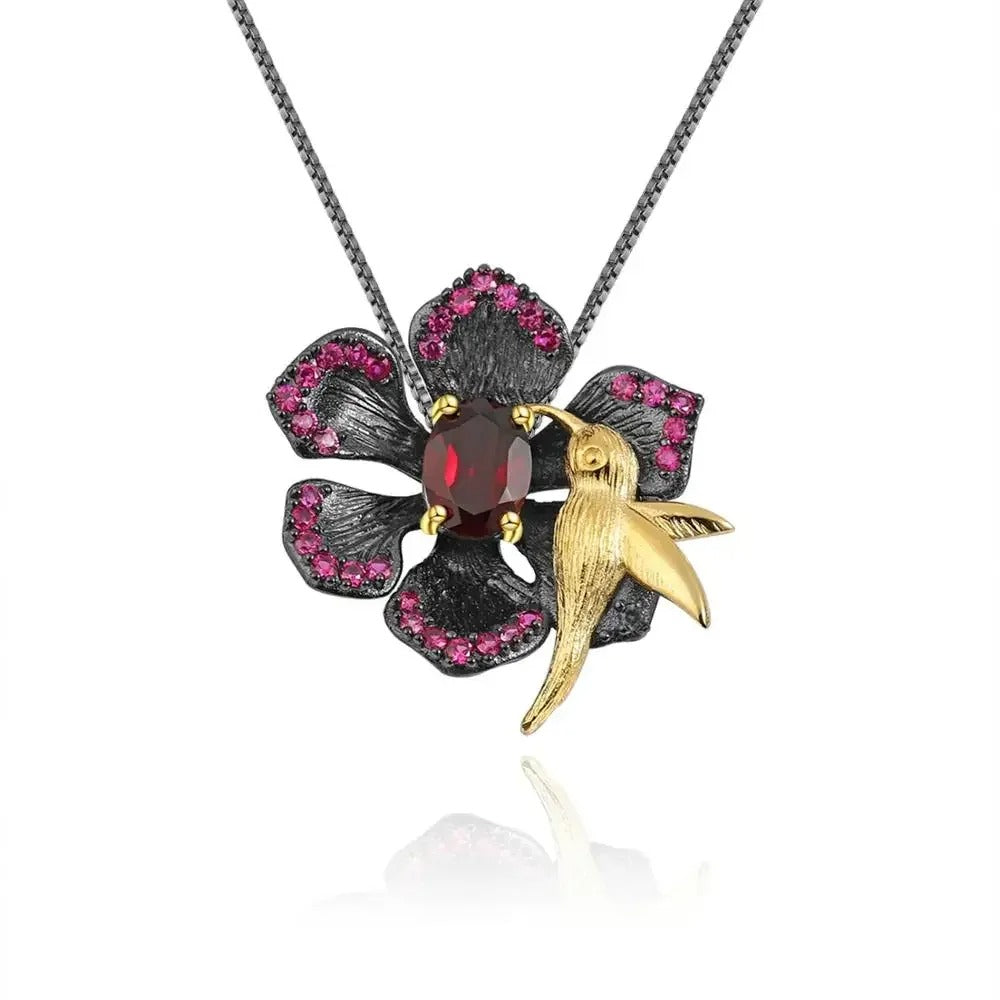 Garnet Bird & Flower Convertible Brooch Pendant | 925 Sterling Silver