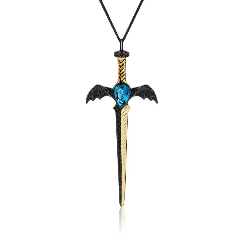 Gothic Bat Wing Sword Pendant with Natural Garnet | 925 Silver | Luxury Gold Palace