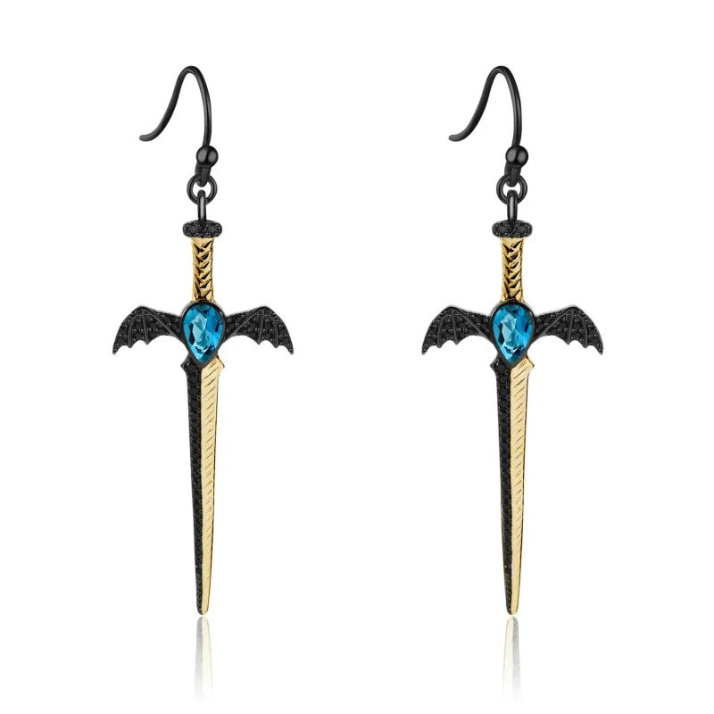 Gothic Bat Wing Sword Drop Earrings | Natural Garnet | Luxury Gold Palace