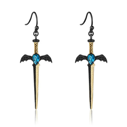 Gothic Bat Wing Sword Drop Earrings | Natural Garnet | Luxury Gold Palace