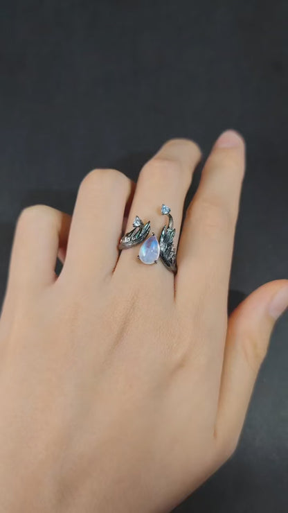 Guardian Angel Moonstone Ring | Adjustable Wings | Black 925 Silver