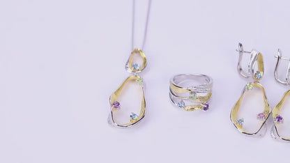 Twisted Abstract Drop Earrings | Amethyst, Peridot & Topaz | Two-Tone Silver