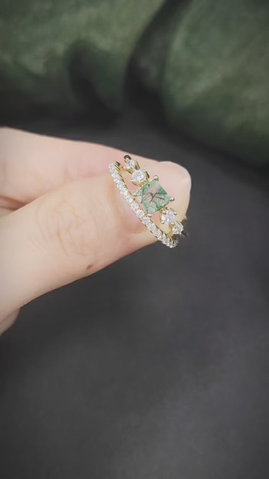 Vintage Moss Agate Bridal Ring Set | Square Art Deco | 14k Gold Over Silver